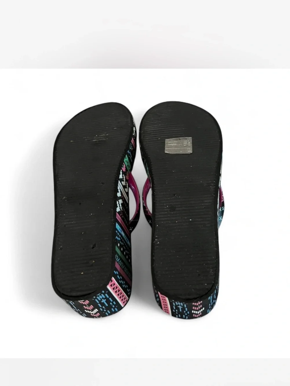 Black Platform Flip Flops with Pink Straps and print